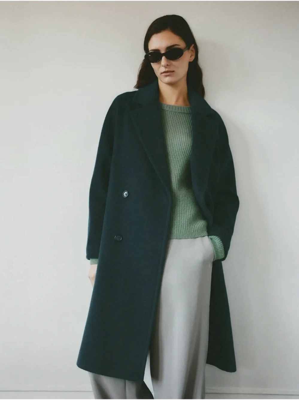 Quince Italian Wool and Cashmere Double Breasted Slouch Cost in Nocturn Green Lg